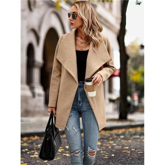 Women's Winter Coat - Casual Lapel Mid-Long Open Front Wool Blend - Picture 3 of 6